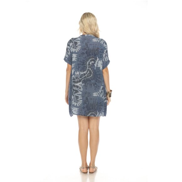 Navy Painted Print Button Up Sleeves Pockets Dress - Picture 4 of 5